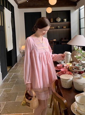 KERNEL COSMOS 樱花盐汽水 法式刺绣小花贝壳扣宽松衬衫半裙套装