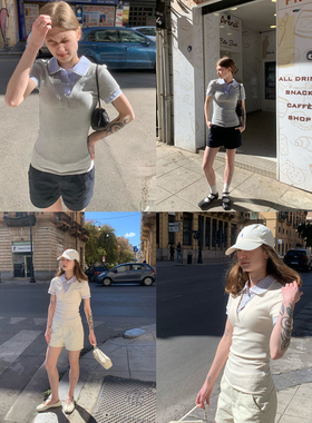 KERNEL COSMOS图卢兹广场 假两件拼接格纹花边polo领短袖修身上衣