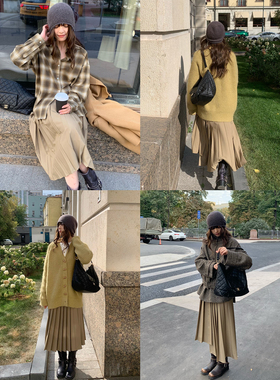 KERNEL COSMOS 米罗艺术街 秋季时髦不对称设计感压褶A字半身裙