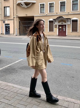 KERNEL COSMOS 黄昏唱片 重工拼接麂皮绒翻领天丝中长款工装外套