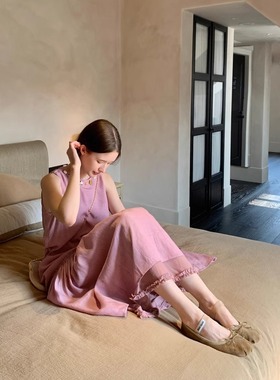 KERNEL COSMOS 晚霞海岛 天然珐琅珠圆领宽松无袖A摆天丝麻连衣裙