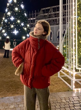 KERNEL COSMOS圣诞热红酒 冬季温暖节日拼毛毛翻领短款羽绒服外套