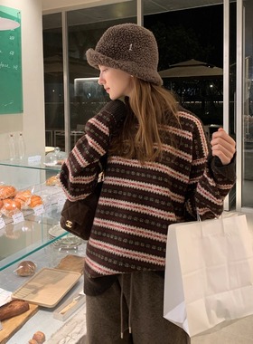 KERNEL COSMOS 酒心脆莓 绵羊毛节日氛围条纹圆领提花费尔岛毛衣