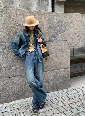 KERNEL COSMOS 街头旧刊 中古感洗水做旧翻领牛仔外套牛仔裤套装