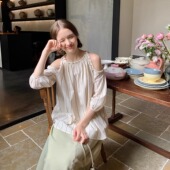 COSMOS 波嬉薄荷岛 手工彩珠圆领露肩衬衫 KERNEL 法式 绿条纹上衣