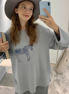 KERNEL COSMOS 蓝调小马 秋冬水墨小马印花圆领磨毛长袖宽松T恤