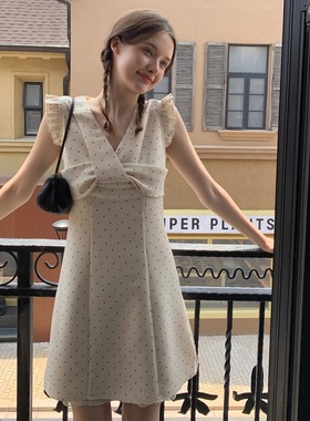 KERNEL COSMOS 波里画报 纽结V领波点小飞袖连衣裙收腰显瘦短裙
