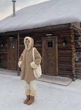 KERNEL COSMOS 冬日雪恩岛 休闲抽绳连帽拼羊羔毛派克羽绒服