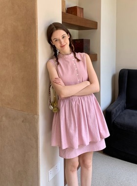 KERNEL COSMOS莓果布蕾塔 设计感时髦格纹侧门襟假两件叠穿背心裙