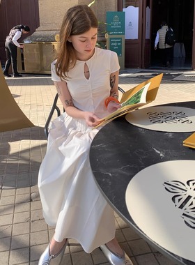 KERNEL COSMOS绿岛长夏 圆领镂空设计感褶皱不对称压褶收腰连衣裙