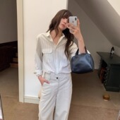 COSMOS 佩里斯画报 秋季 KERNEL 清新竖条纹简约口袋休闲纯棉衬衫