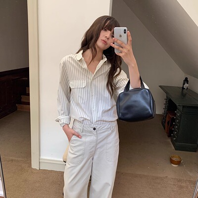 果核宇宙清新竖条纹简约口袋衬衫