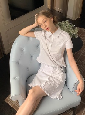 KERNEL COSMOS茉莉苏打水 清新减龄polo领短款花边衬衫半身裙套装