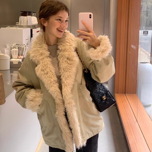 果核宇宙拼接长毛重工夹棉外套