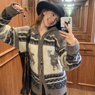 复古北欧氛围感全羊毛粗针手工毛衣开衫 KERNEL COSMOS麋鹿费尔岛