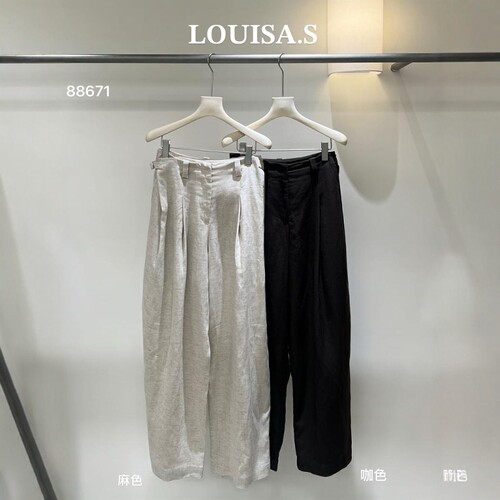 LOUISA.S天丝亚麻高腰阔腿裤