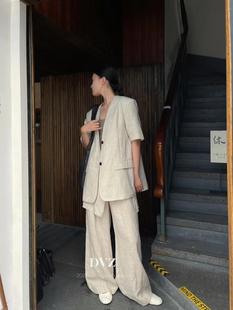 欧洲站2025春季韩东大门版宽松显瘦气质V领薄款100%麻西装外套女1