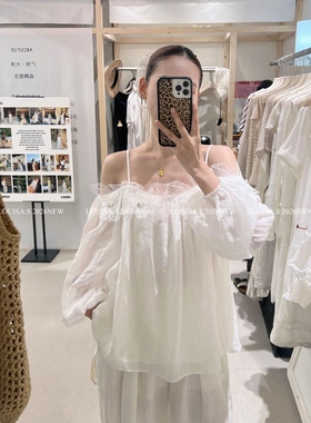 LOUISA.S夏季新款法式温柔风重工蕾丝订钻一字肩苎麻衬衫减龄上衣