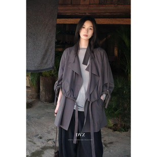 DVZ欧韩风宽松翻领系带收腰中长款羊毛风衣女慵懒风阔版显瘦外套1
