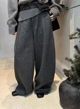 DVZ高品质欧货2025冬季时尚宽松显瘦直筒阔腿裤休闲100羊毛长裤女