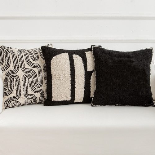 沙发抱枕ins风帆布簇绒绣床头靠枕套 黑白色抱枕套 靠垫腰靠50*50