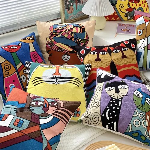 梵高印象派满绣刺绣抱枕靠枕靠垫套毕加索抽象沙发靠垫猫咪抱枕