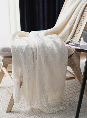 外贸现代针织线毯毛毯白色午睡午休盖毯北欧纯色米色单人沙发毯子