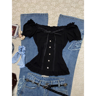 vintage古着穿搭上衣潮 T恤女夏季 轻亚少女 原创黑色蕾丝花边短袖