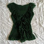 小众别致漂亮小衫 轻亚少女 原创墨绿色V领绑带t恤女春夏2025新款