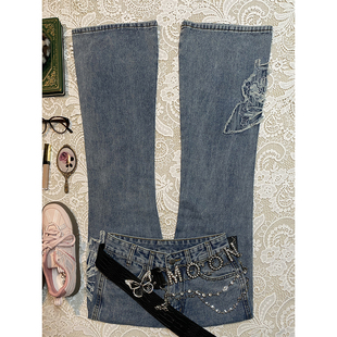 轻亚少女 原创蓝色蝴蝶微喇叭牛仔裤女夏季vintage古着穿搭辣妹裤
