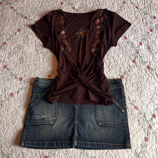 轻亚少女 原创栗色绑带收腰短袖T恤女夏季vintage古着穿搭上衣潮