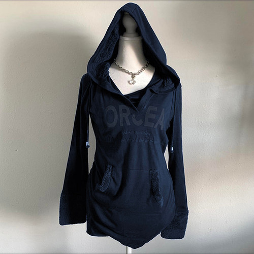 轻亚少女 原创深蓝色羊羔毛拼接连帽卫衣女春秋季美式复古上衣潮