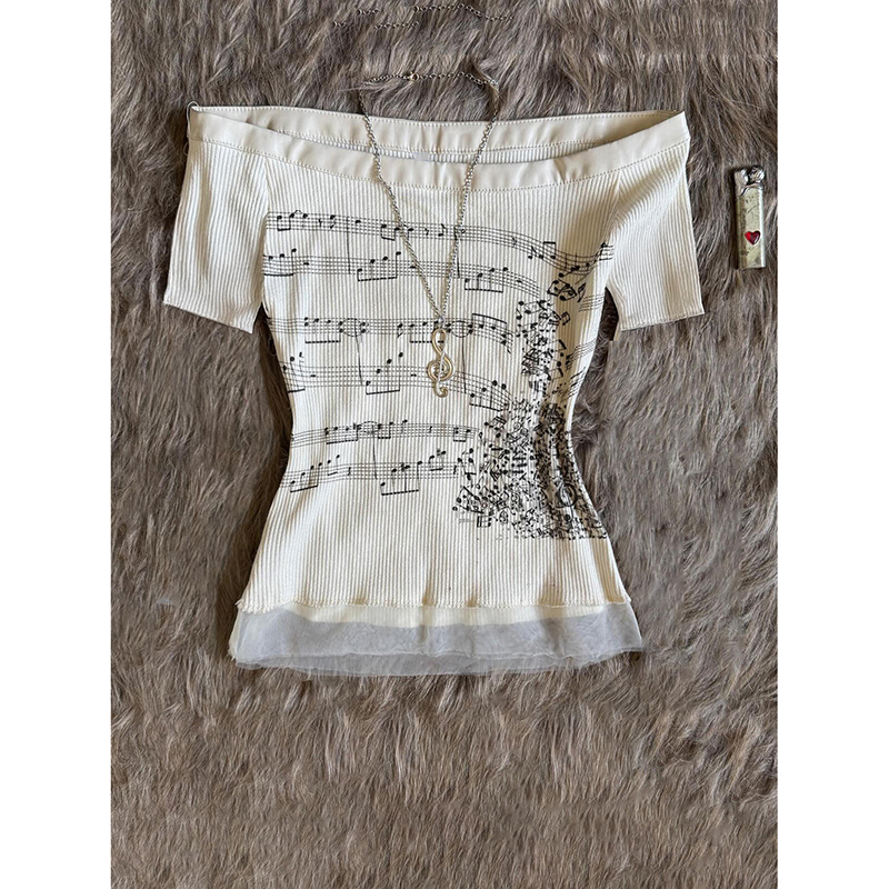 轻亚少女 原创杏色一字肩短袖T恤女夏季vintage古着穿搭修身上衣