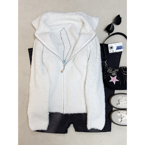 涂涂和阿冉 原创白色翻领针织毛衣外套