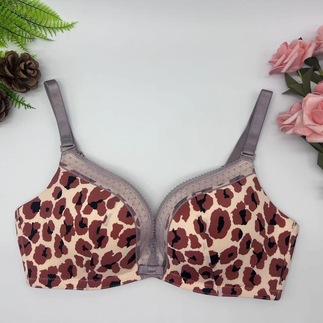 芬狄诗豹纹光面无钢圈内衣小胸上托聚拢文胸fb00118