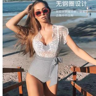 安莉芳新款 高腰三角连体泳衣显瘦2件套ES0986 女性感蕾丝裙式