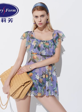 安莉芳印花一字肩荷叶边分体泳衣女士遮肉美背泳装两件套ES00122