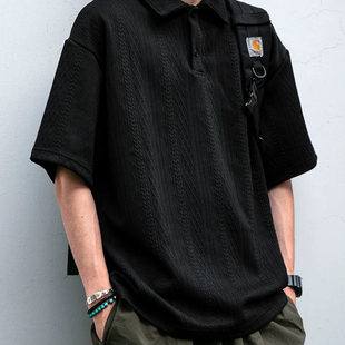 陌上男装 dx7051 花斜纹提花针织POLO衫 男宽松老钱基础有领POLO衫