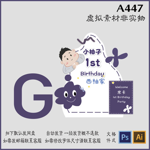 A447手绘男宝卡通克莱因蓝字母异型小预算背景生日布置KT板设计PS