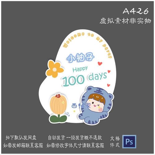 A426ins蓝色小老虎花朵宝宝宴素材百天周岁水牌迎宾牌指引PS模板