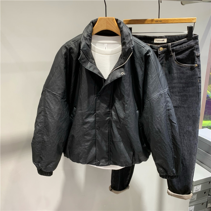 美式复古防风户外极简短款立领皮羽绒服男冬季保暖白鸭绒羽绒皮衣