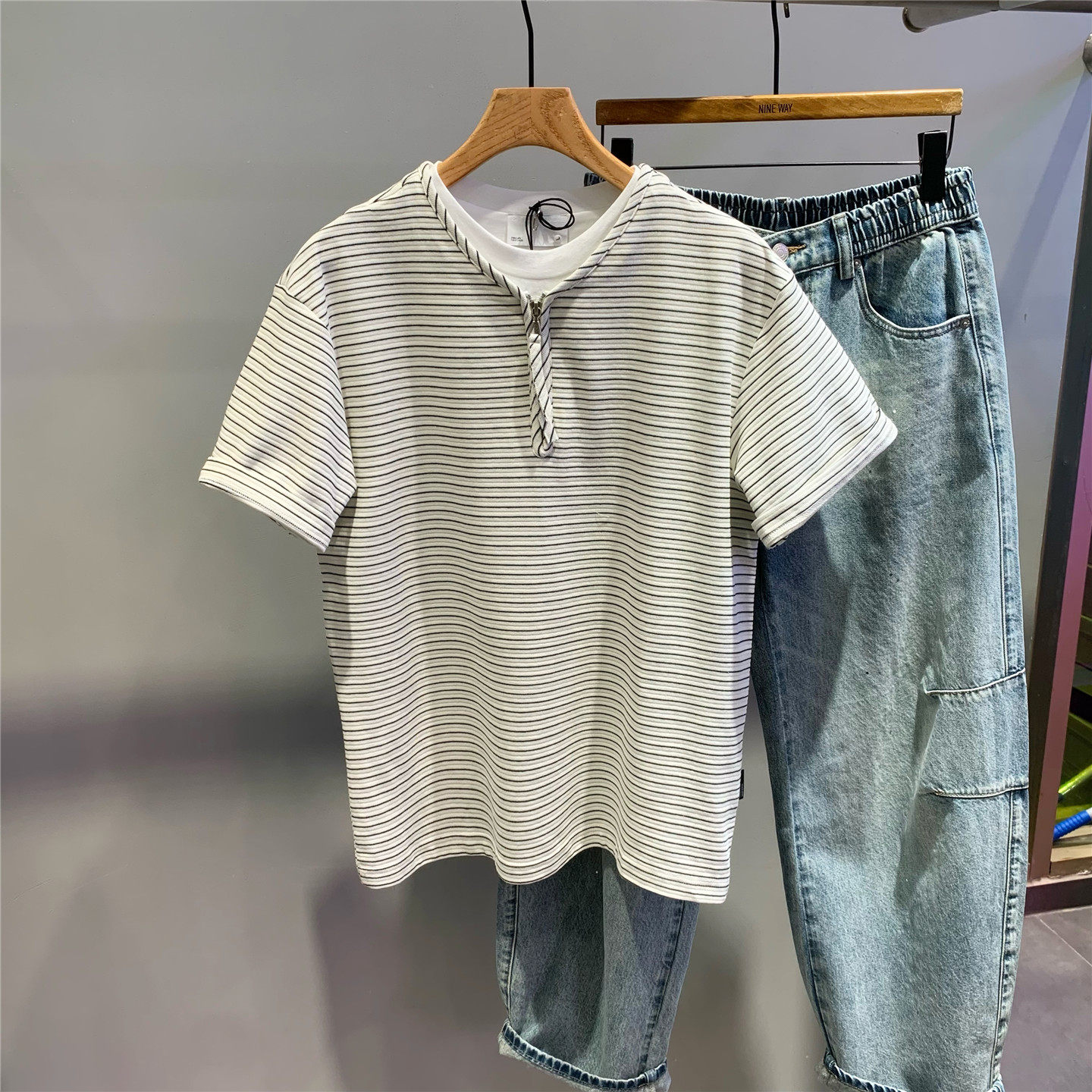 夏季新款拼接假两件圆领短袖T恤韩版时尚条纹拼色修身半袖体恤潮t