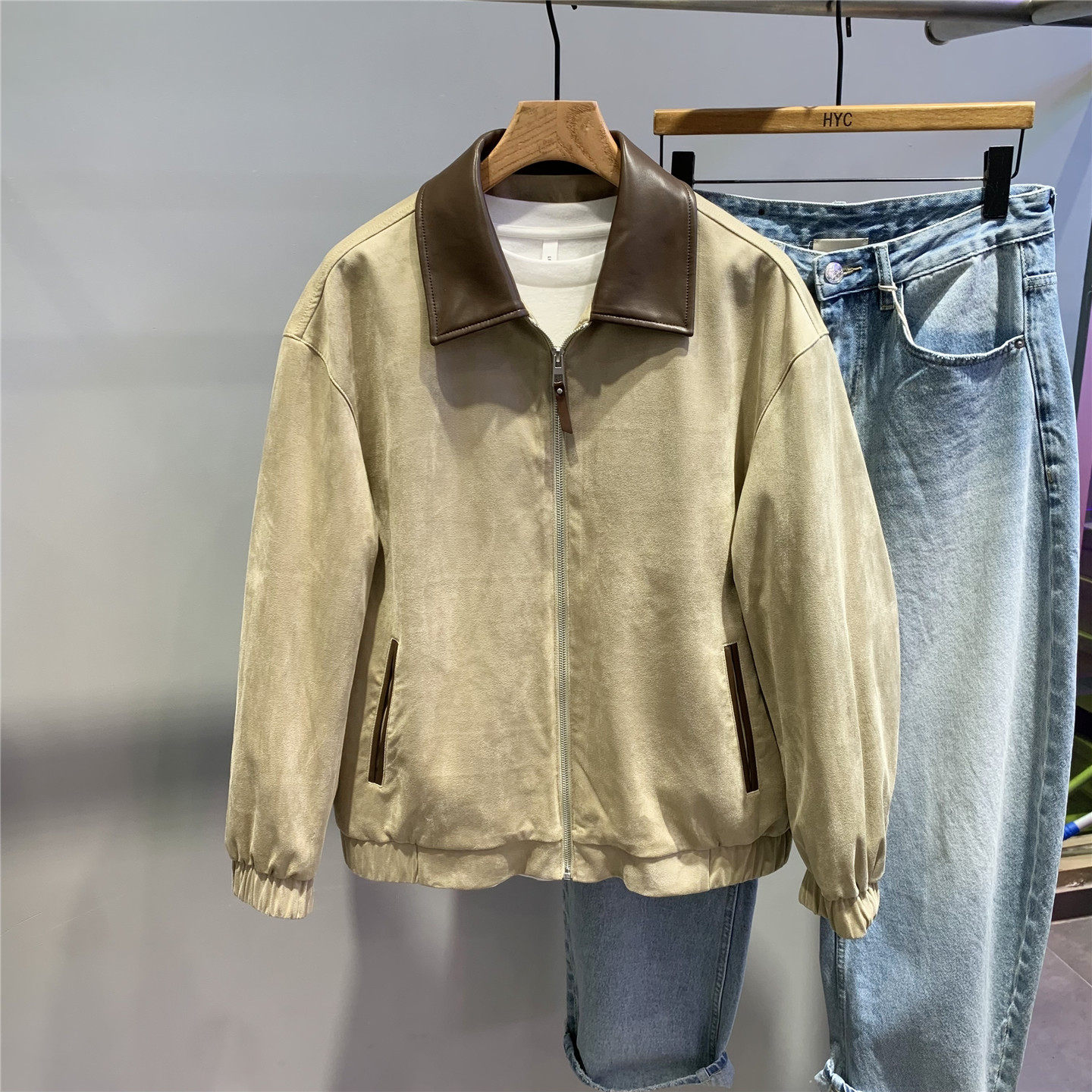 潮牌男士麂皮绒拼接PU皮翻领夹克韩版简约修身撞色百搭通勤皮外套