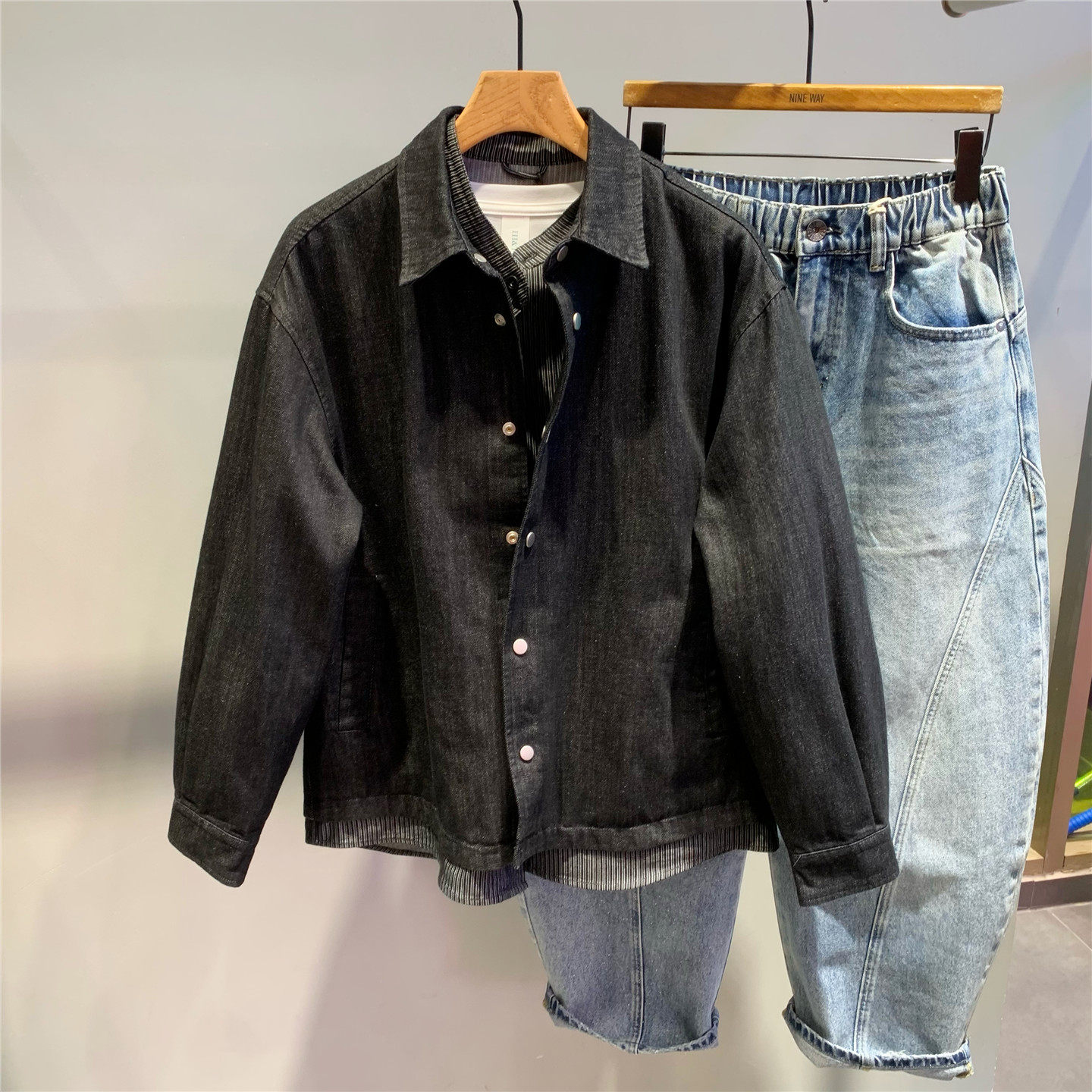 2026春季新款假两件翻领衬衫休闲外套韩版时尚宽松男士牛仔夹克潮,男装,牛仔衬衫,淘宝优惠券,粉丝福利购,淘宝优惠卷