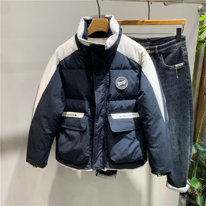 冬季立领羽绒服潮牌男士拼接撞色加厚短款工装白鸭绒羽绒外套防寒