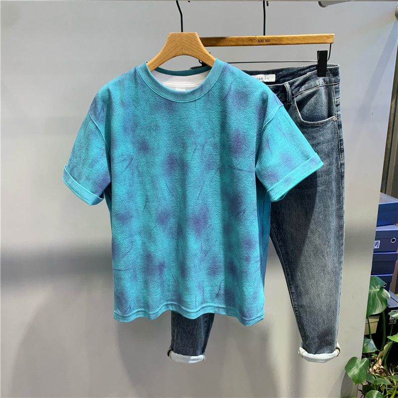半袖美式青年扎染印花体恤衫