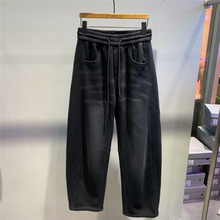 简约黑色百搭长裤 冬季 男韩版 高端拼接水洗做旧直筒加绒休闲裤 新款