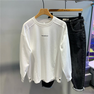 宽松白色内搭打底衫 2025秋季 卫衣韩版 拼接设计纯色套头长袖 男 新款