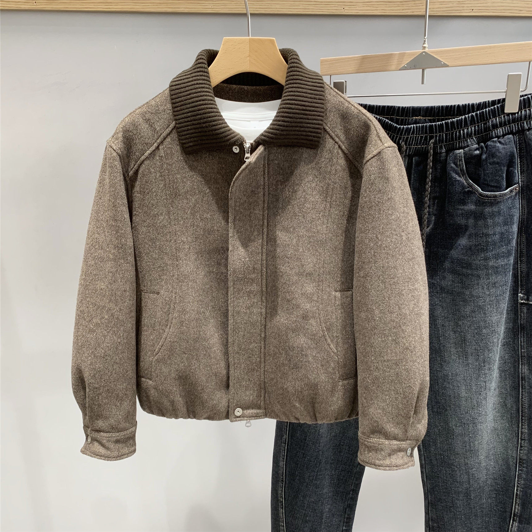老钱风针织领羊毛呢羽绒服