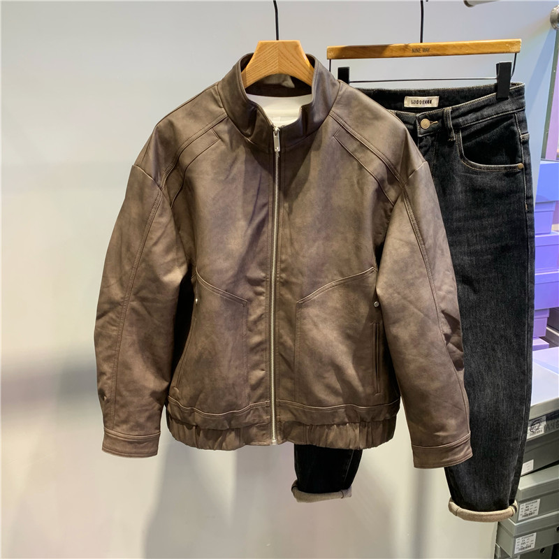 秋冬新款加绒日系复古机车短款PU皮夹克潮流时尚宽松时尚立领棉服